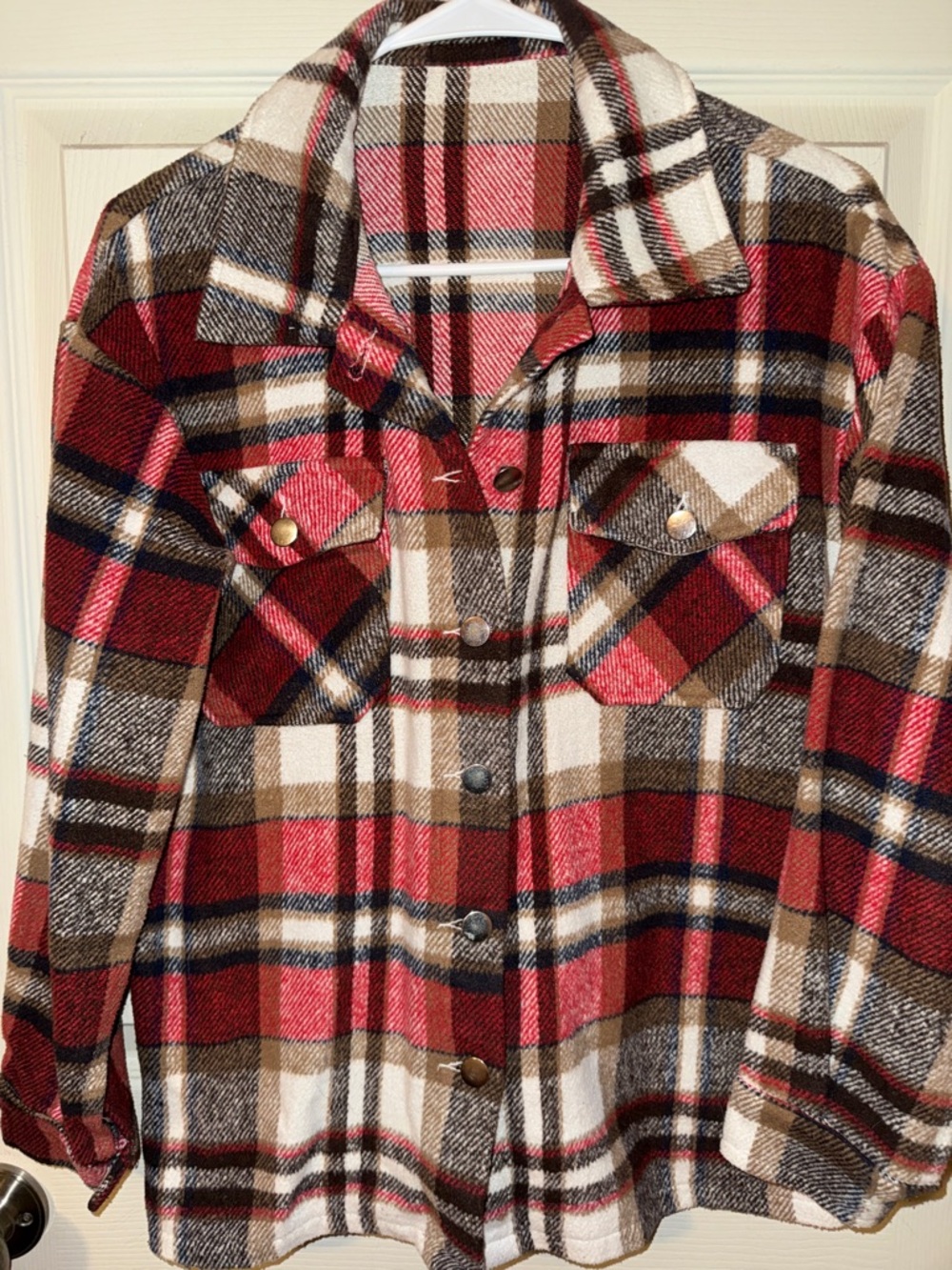 Plaid Button-Up Jacket in Red, Brown & Cream